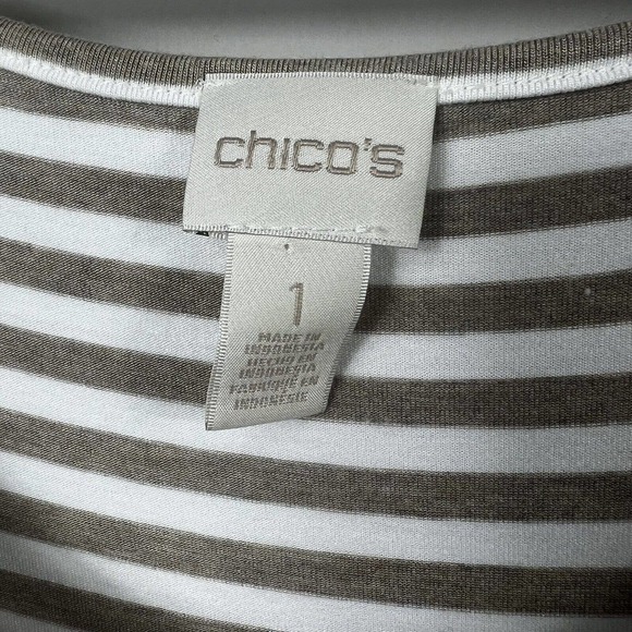 Chico's Tan White Striped Tank Midi Dress Sz 1 M 8 Sleeveless Side ties - Picture 9 of 12